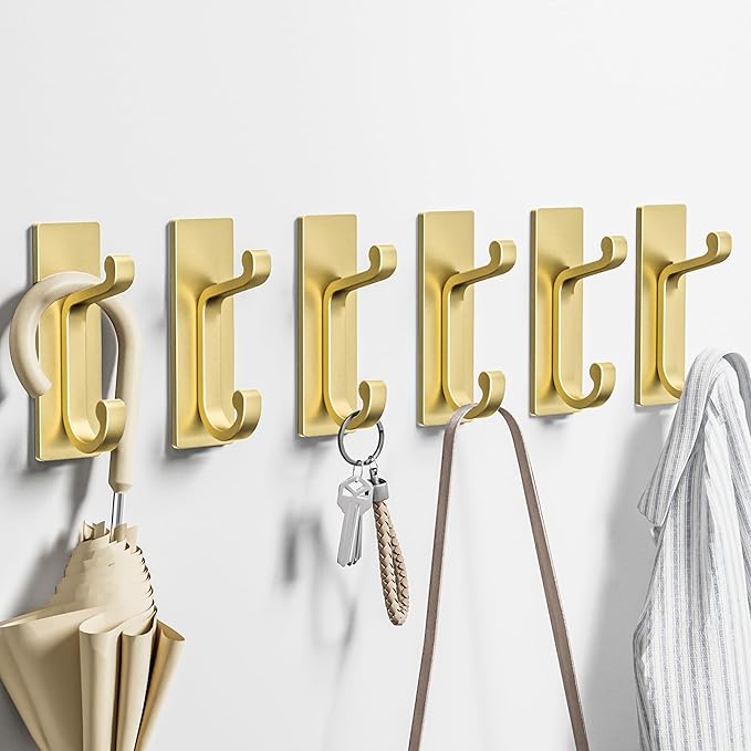 Gold Self Adhesive Wall Hooks for Coats - Stainless Heavy Duty Double Hook for Clothes, Towel, Keys, Purse, Backpack, Bag, Hat, 6 Pack Coat Hook for Door, Bathroom, Bedroom.