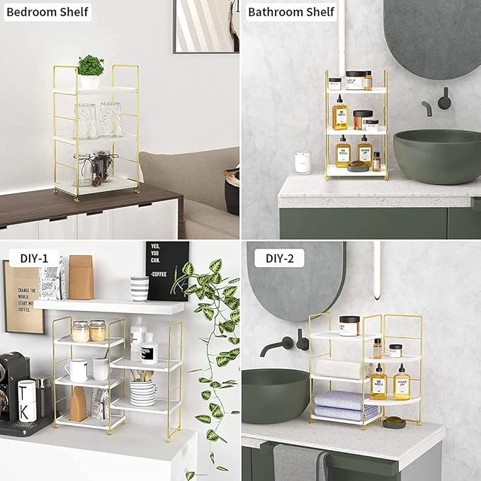 3-Tier Kitchen Spice Rack, Freestanding Stackable Organizer Shelf, Bathroom Countertop Storage Shelf, Cosmetic Organizer Holder, Square Standing Rack (Golden)-NeatNest