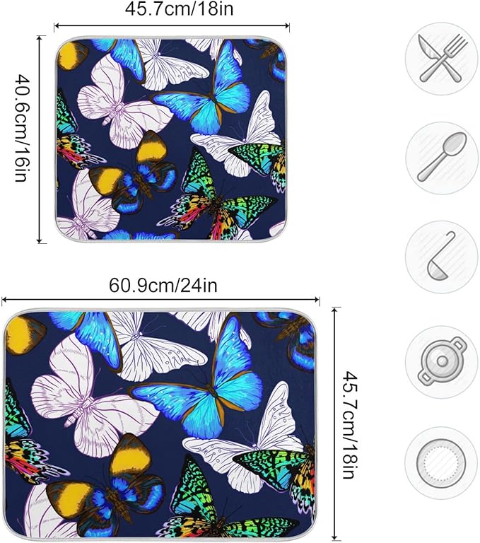Absorbent Dish Drying Mat for Kitchen Counter - Blue Butterfly Microfiber Drying Pad, Reversible Drainer Mats for Countertop, Large 18" x 24"