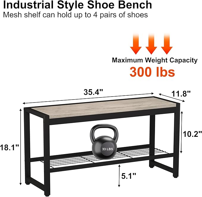 HOMEFORT 2 Tiers Shoe Bench, Retro Industrial Shoe Storage Bench with Mesh Shelf and Sturdy Metal Frame, Metal Shoe Rack Bench for Hallway, Mudroom, Living Room, Washed Gray