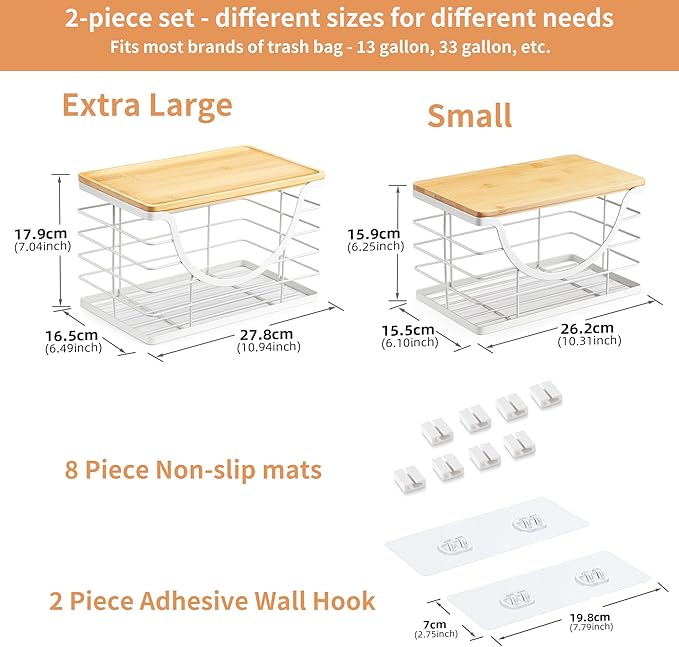 Extra Large Trash Bag Holder Stackable Kitchen Storage White, 2 Pack Wall Mounted Pantry Organizers and Storage with Bamboo Top, Garbage Bag Dispenser Under Sink for Laundry Room and Kitchen-NeatNest