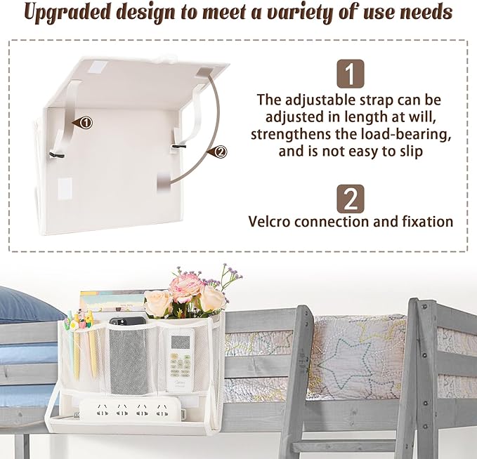 Bedside Caddy Bedside Storage Organizer Bedside Organizer with Power Strip Holder and 2 Adjustable Straps for Home Bunk Bed College Dorm Sofa (White)-NeatNest