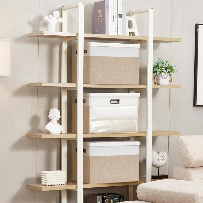 Fabric Clear Window Storage Bins with Lid, Closet Storage Box Linen Closet Baskets with 3 Handles for Organizing Clothing, Jeans, Shelves 17''- 3 Pack (Beige and White)