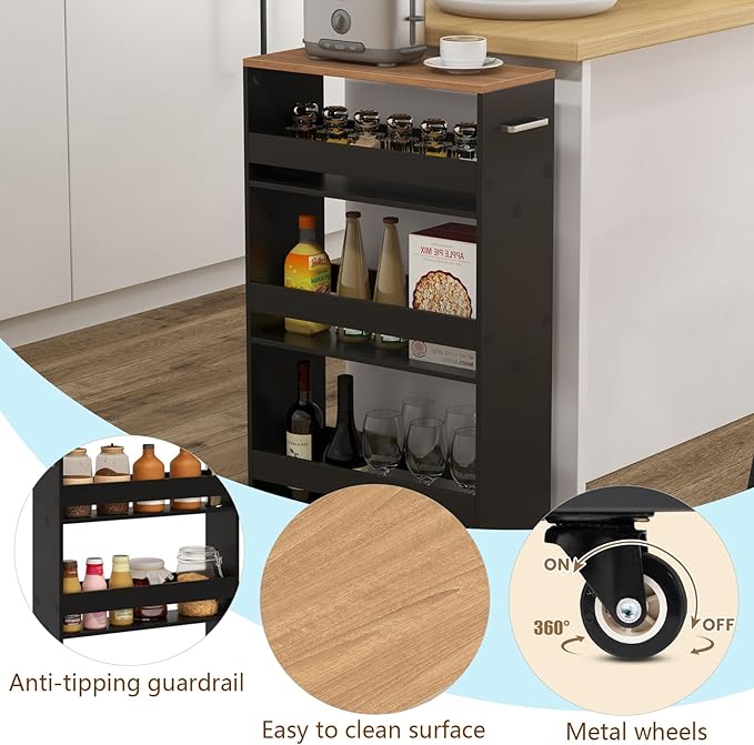 POWERSTONE 4-Tier Slim Storage Cart, Narrow Kitchen Rolling Cart w/Handle & Open Shelves, Skinny Slide Out Utility Organizer Trolley for Kitchen Bathroom Laundry Small Spaces Black & Natural