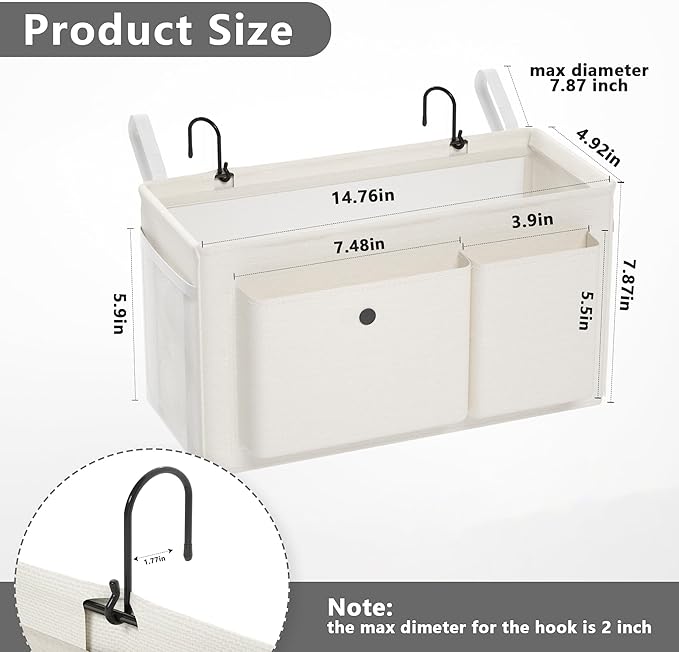 Bedside Caddy Bedside Organizer with Fixed Straps & Water Bottle Holder, Bunk Bed Caddy ideal for Home, Dorm, Hospital, Crib, Versatile Bedside Storage Solution (White)-NeatNest