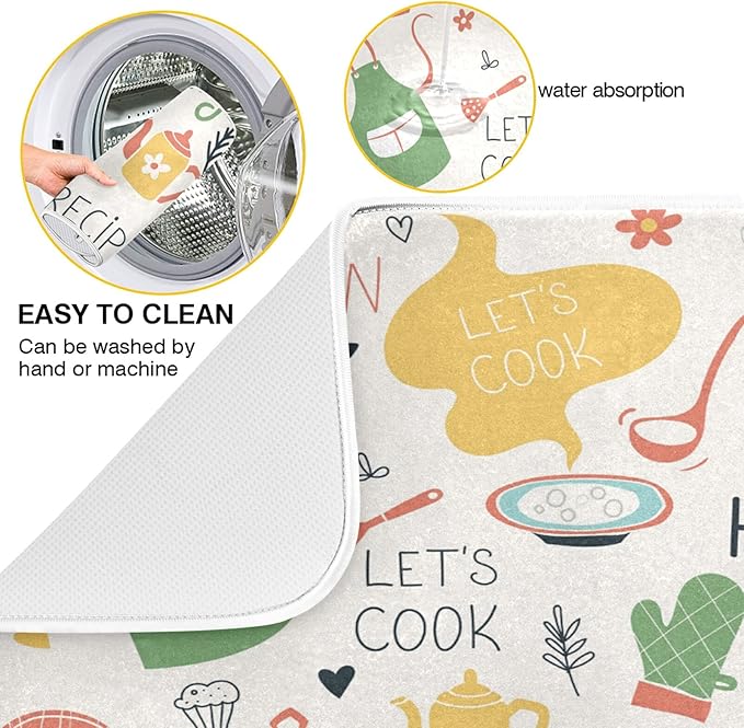 Dish Drying Mats for Kitchen Counter Kitchen Doodle Pattern Microfiber Dish Rack Mat Dry Mats for Dishes Large 24 x 18 Inches