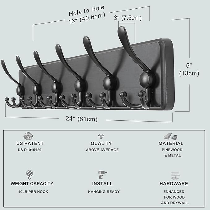 Dseap Coat Rack Wall Mounted - 24" Long 6 Tri Hooks, Heavy Duty Wooden Wall Coat Hanger Coat Hook for Clothes Hat Jacket Clothing, Black