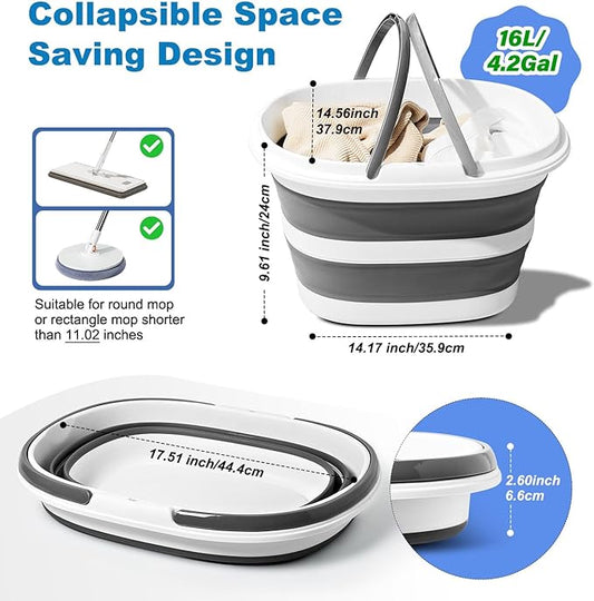 Collapsible Bucket 16L with Handles, Cleaning Mop Bucket Space Saving Foldable Silicone Tub for Laundry Storage Camping, Portable Wash Basin for Home & Car, 4.2 Gallon Compact Utility Plastic Bucket-NeatNest