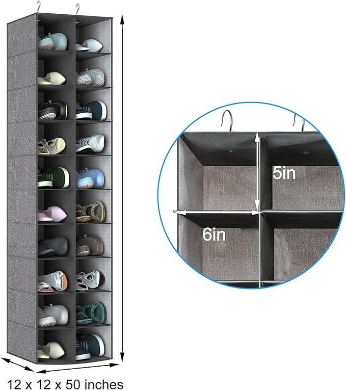 coastal rose Hanging Shoe Organizer for Closet, 20 Sections Hanging Closet Organizer and Storage Shelves, Space Saving Shoe Rack for Closet, Grey, 12''W×12''Dx 50''H-NeatNest
