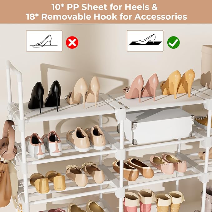 ROJASOP Large Shoe Rack Organizer for Entryway Closet 64-68 Pairs 9-Tier Heavy Duty Tall Garage Shoe Rack Shoe Shelf Shoes Storage with 18 Pcs Removable Side Hooks for Bedroom and Garage White-NeatNest