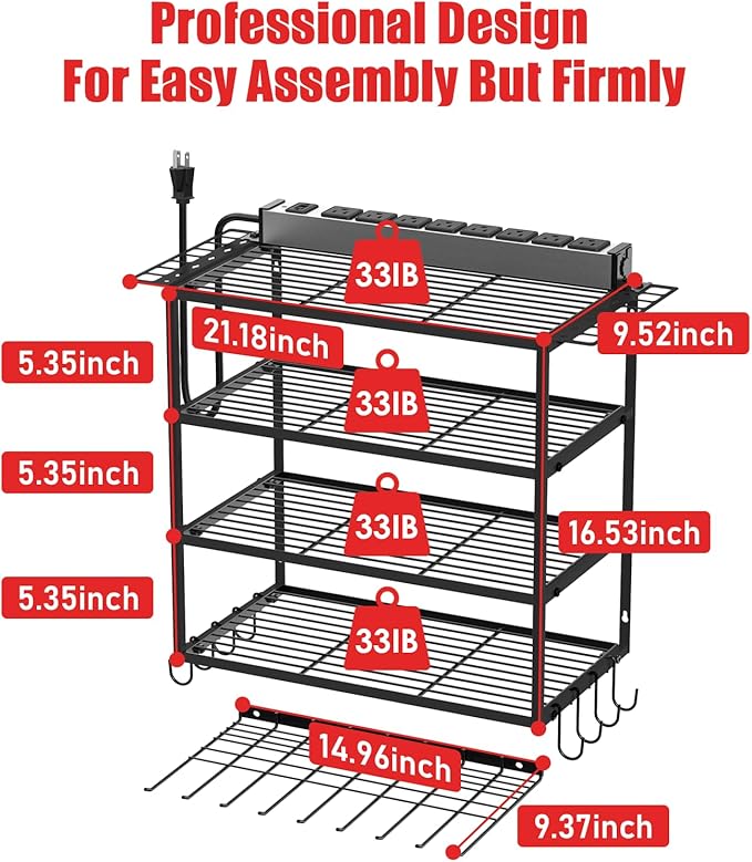 JUNNUJ Tool Organizer with Charging Station, 5 Layers Wall Mount Garage Tools Storage with 8 Outlets Power Strip, 4 Drills Holder Battery Heavy Duty Metal Shelf, Utility Rack with Hooks, Black
