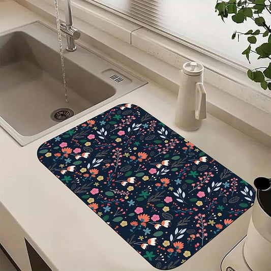 Cute Flower Dish Drying Mats Super Absorbent Dish Drainer Rack Pad Non-Slip Drying Mat for Kitchen Counter, 20"x12"-NeatNest