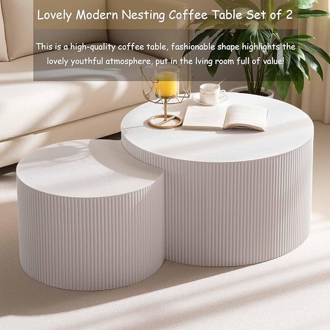 Modern Round Wooden Nesting Coffee Table Set of 2 Circle Tables with Non-Slip Feet, Accent Side End Table, Saving Space Design and No Need Assembly (GLARGE)