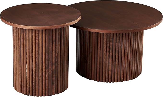 2-Piece Nesting Coffee Side Table Set of 2, Round Nightstand End Table with Fluted Wood Strip Base,Engineered Wood Nesting Tabletop with Solid Walnut Wood Veneer, Elegant Side Table
