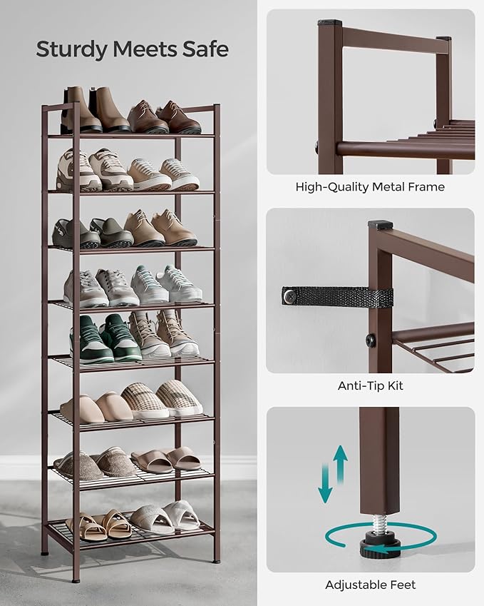 SONGMICS Narrow Shoe Rack - Sturdy 8 Tier Metal Tall Shoe Rack Shelf, Slim Shoe Storage Organizer for Closet Entryway Small Spaces, Bronze-NeatNest