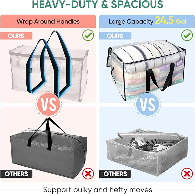 BALEINE 6-Pack Oversized Moving Bags with Reinforced Handles, Heavy-Duty Storage Tote for Clothes, Moving Supplies (Clear, 6-Pack)-NeatNest