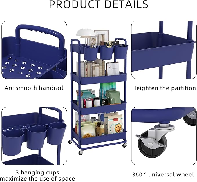 JIUYOTREE 4-Tier Plastic Rolling Storage Cart Utility Cart with Extra Hanging Cups Handles Lockable Wheels for Living Room Bathroom Kitchen Office Blue-NeatNest