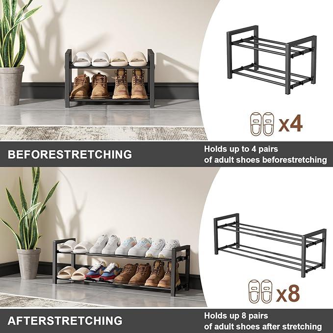 2-Tier Expandable Shoe Rack,Adjustable Shoe Shelf Storage Organizer Heavy Duty Metal Free Standing Shoe Rack for Entryway Closet Doorway (Black)-NeatNest