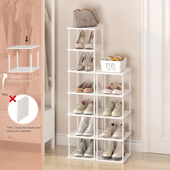 Vertical Tall Shoe Rack Organizer for Entryway -12 Tier Free Standing Slim Narrow Bamboo Wood Corner Stackable Shoe Boots Storage Stand Small Spaces for Closet Garage Cloakroom Living Room (White)-NeatNest