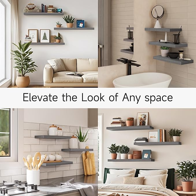 BAYKA Floating Shelves for Wall, 22.5 inches Wall Mounted Rustic Wood Shelves for Bathroom, Bedroom, Living Room, Floating Shelves for Books/Storage/Decor (Grey,Set of 3)-NeatNest