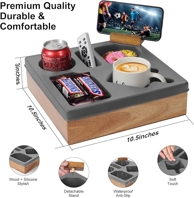 Couch Cup Holder Tray – Wooden Sofa Arm Organizer with Silicone Insert, Spill-Proof Snack & Drink Holder, Waterproof Couch Caddy for Remote, Phone & More – Bed, Car, RV, Living Room Essentials(Gray)-NeatNest