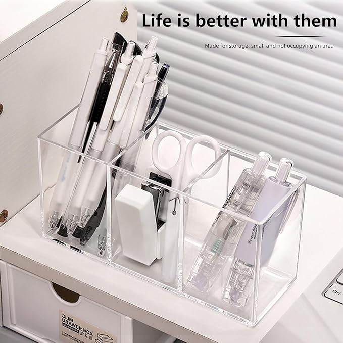 Acrylic Makeup Brush Holder, 2 Pack Clear Pencil Holder, Desk Accessories Holder with 3 Compartments, Brush Organizer for Vanity, Desk, Cosmetic Display-NeatNest