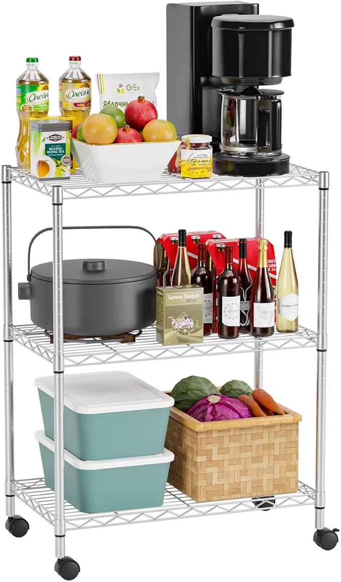 FDW 3-Shelf Adjustable,Storage Shelves Wire Shelving Shelving Unit Metal Shelves Storage Shelf with Wheels,13" D x 23" W x 31" H,Chrome