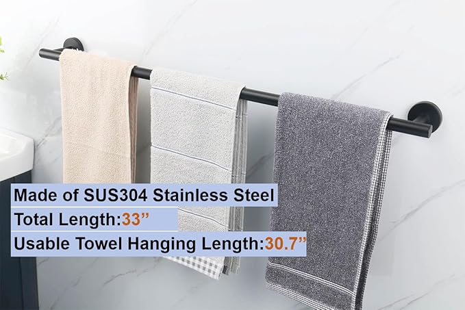 33 Inch Towel Bar for Bathroom 9/12/16/24/28/33 Inch Kitchen Hand Towel Holder Matted Black SUS304 Stainless Steel RUSTPROOF Wall Mount Towel Rod (1, Matted Black, 33 Inch)