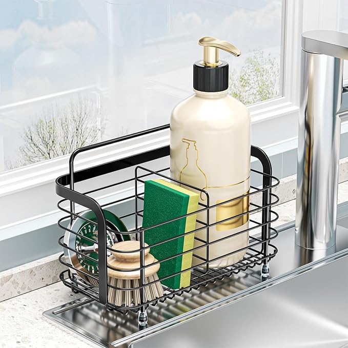 Black Kitchen Sink Caddy Organzier, Sponge Holder for Kitchen Sink, Metal High Brush Holder, Dish Sponge Holder Basket for Sponges, Scrubbers, Dish Soap Bottles Wall Mounted/Countertop-NeatNest