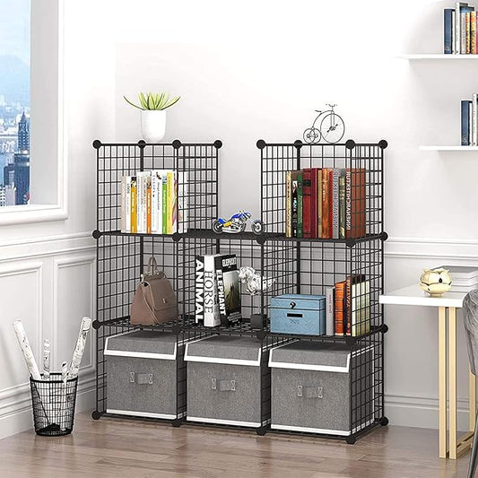 C&AHOME Wire Cube Storage - 9-Cube Organizer, Metal Grids, Modular Bookshelf, Closet Cabinet, Ideal for Home, Living Room, Office - 36.6'L x 12.4'W x 48.4'H Black-NeatNest
