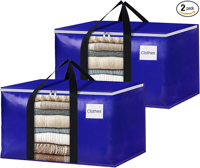 BlissTotes 2 Pack Moving Bags with Clear Window, Storage Bags with Strong Carrying Handles & Zippers,Large Packing Bags for Saving Space, Alternative to Moving Boxes(Blue,33 Gallon)-NeatNest