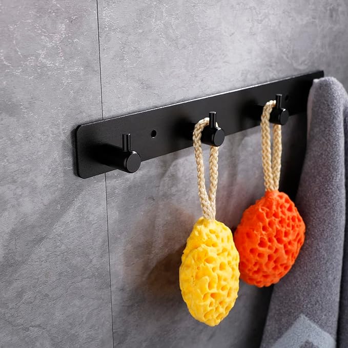 Adhesive Bathroom Black Hook Rail, 4 Matte Black Wall Key Hooks Rack Hanger Towel Robe Stick Door Hooks for Bathroom Toilet Entryway Hallway Kitchen Wall Mounted