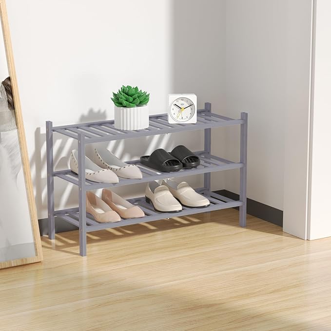 Shoe Rack, 3 Tier Bamboo Shoe Rack for Closet, Stackable Wooden Shoe Organizer, Free Standing Wood Shoe Shelf for Entryway Small Space, 27" x 11" x 20", Grey-NeatNest