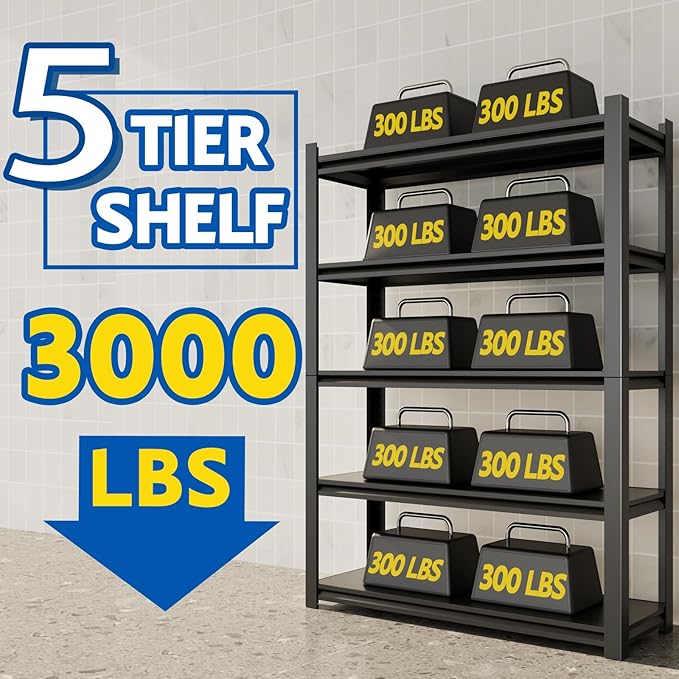 72''H Garage Shelving Heavy Duty, 3000LBS Storage Shelves, 5-Tier Adjustable Metal Shelve Storage Shelf Rack, Industrial Shelving Unit for Garage, Warehouse, Basement (47" W x 23.6" D x 72" H)-NeatNest