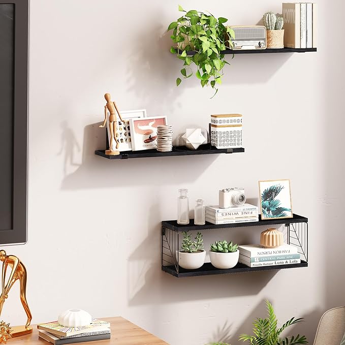 Fixwal 3+1 Tier Bathroom Floating Shelves Over Toilet, 15.8in Farmhouse Rustic Wood Shelves, Wall Decor for Bathroom, Living Room,Bedroom and Kitchen (Black)-NeatNest