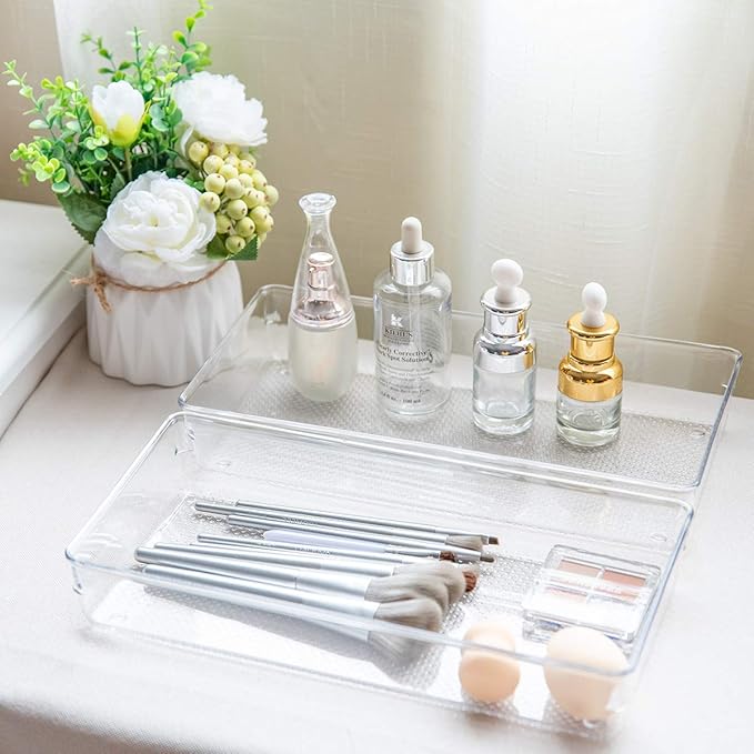 ihomecooker 3 Pack Clear Plastic Drawer Organizer Tray Cutlery Utensil Makeups Drawer Organizers 12" X 6"-NeatNest