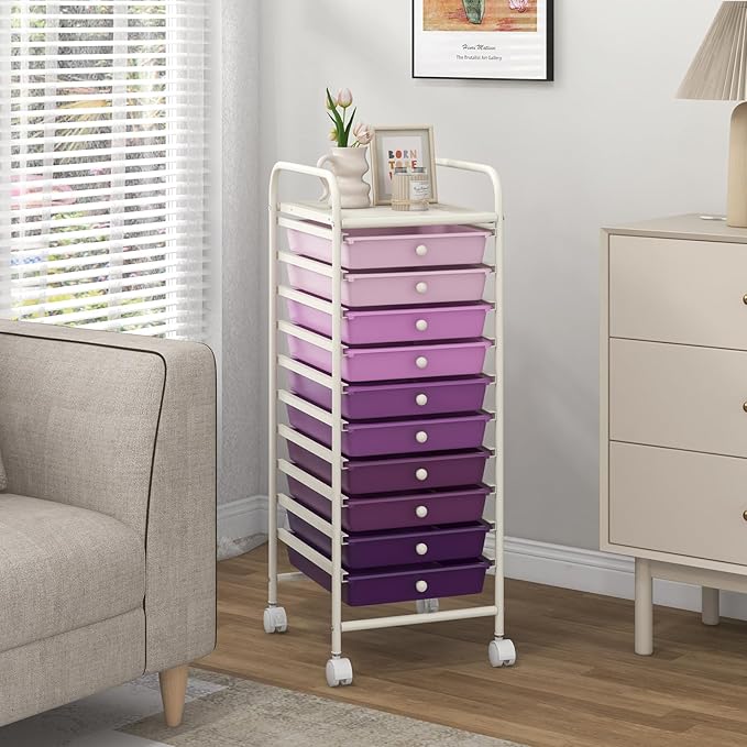 COSTWAY 10-Drawer Rolling Storage Cart, Utility Mobile Trolley with Removable Drawers & Universal Casters & 2 Brakes, Versatile Flexible Drawer Organizer Cart for Home, Office, Purple Gradient-NeatNest