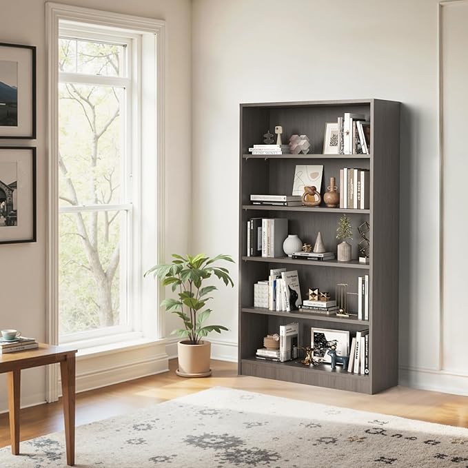 Farini 60 Inch Tall 5-Shelf Bookcase, Wood Bookshelf Storage Organizer Adjustable Shelf for Home Office, Study Room, Easy Assembly,Grey