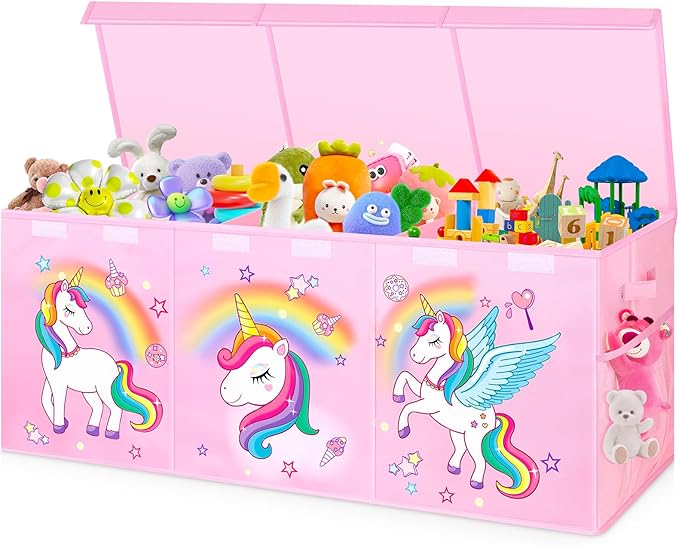 Extra Large Toy Chest, Collapsible Sturdy Toy Storage Organizer with Lids, 40"X14"X16" Large Kids Toybox Storage Bins Baskets for Girls, Boys, Nursery, Playroom, Pink