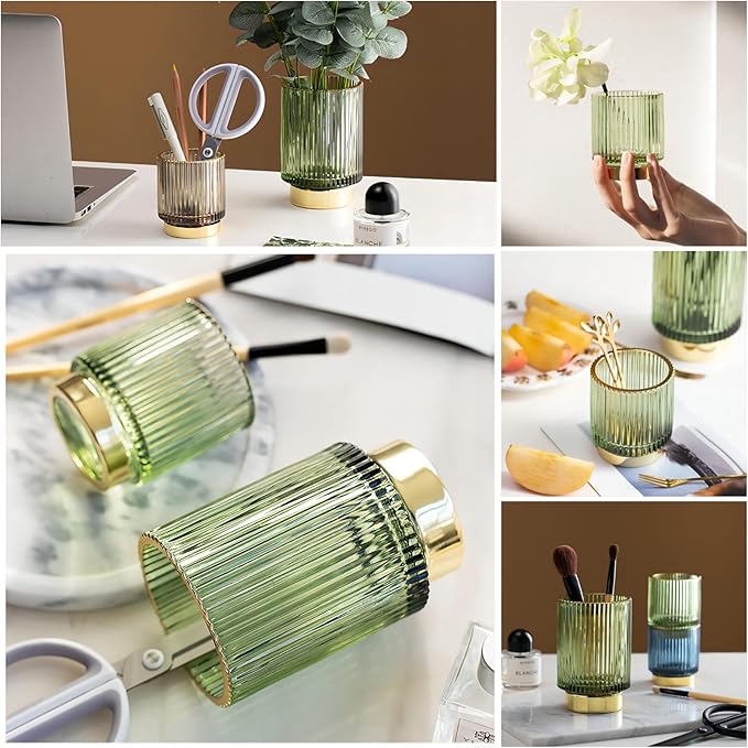 DASITON Makeup Brush holder Organizer,Crystal Cosmetic Makeup Brush Glass Brushes Storage Holder, Vintage Make Up Brush Cup Pen Pencil Holder striped vase(Green S)-NeatNest