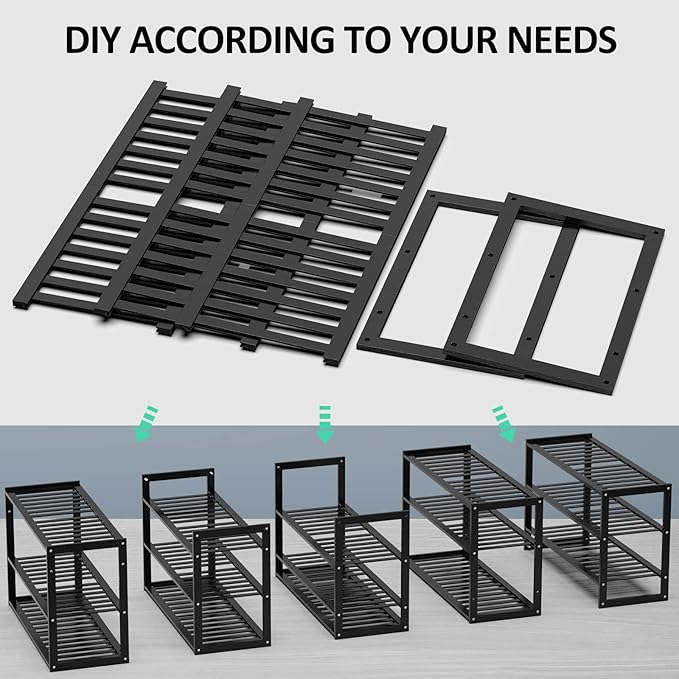 Bamboo Shoe Rack for Entryway, Stackable 3 Tier Shoe Organizer Shelf Storage 9-12 Pairs Shoes Stand Cubby for Closet Door Hallway Bedroom Garage Black, Thanksgiving-NeatNest