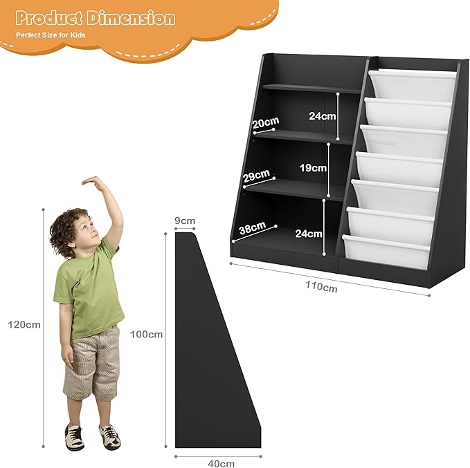 Black Kids Bookshelf Wood Toy Storage Organizer Cabinet Children Bookcase Toddler Baby Sling Book Rack Adjustable Shelf for Playroom Bedroom Nursery Hallway School Kindergarten-NeatNest