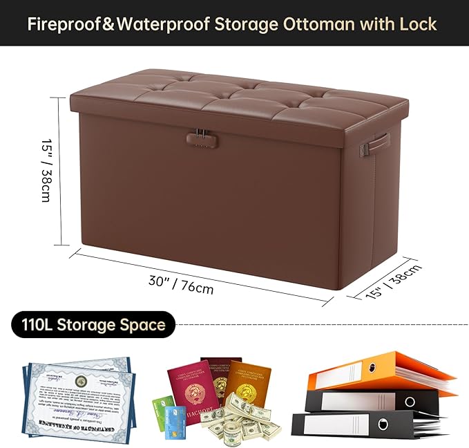 DocSafe Storage Ottoman Bench with Lock,Fireproof 30 Inches Folding Bench Foot Rest Stool Storage Chest Safe for Living Room,Bedroom,Home Office,Waterproof Leather Ottoman with Handles,Brown-NeatNest