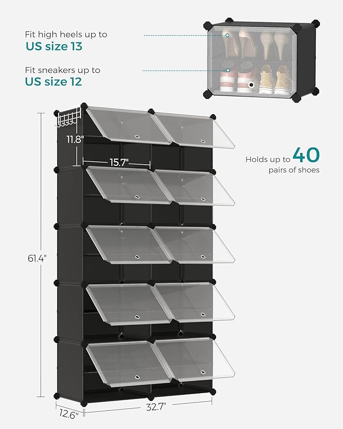 SONGMICS Shoe Rack Organizer, 10-Tier Shoe Storage Cabinet for Closet and Entryway, Holds 40 Pairs of Shoes, Adjustable, Black ULPC035B01-NeatNest