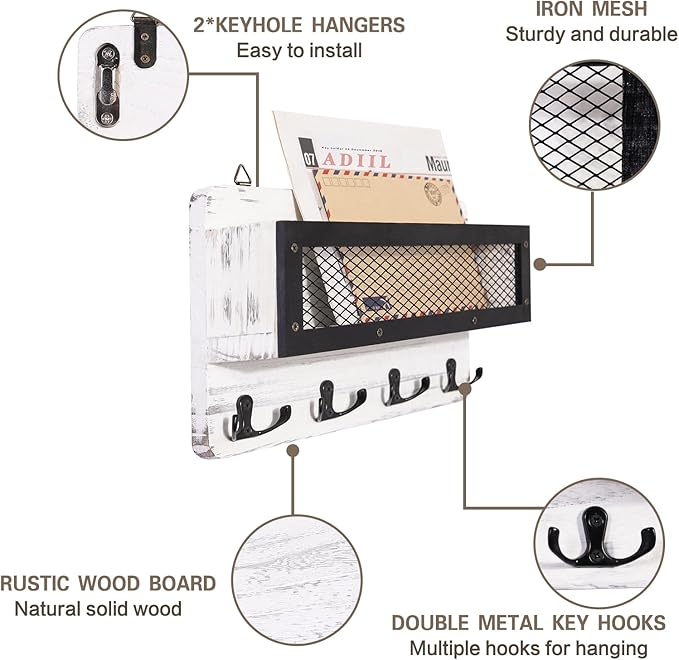 ADIIL Mail and Key Holder for Wall Decorative, Wooden Wall Mount Key Rack Hanger Organizer with 4 Double Key Hooks, Rustic Home Decor for Entryway Hallway, White