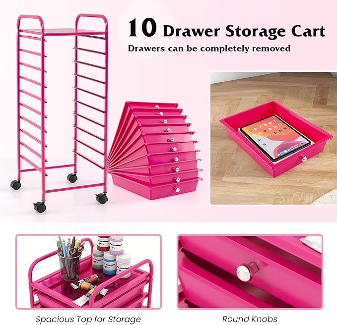 Giantex 10-Drawer Storage Cart w/Universal Wheel, Rolling Cart w/Handle, Home Organizer Storage Unit w/Removable Drawers, Trolley Utility Cart for Kitchen Makeup Living Room Office Play Room, Hot Pink