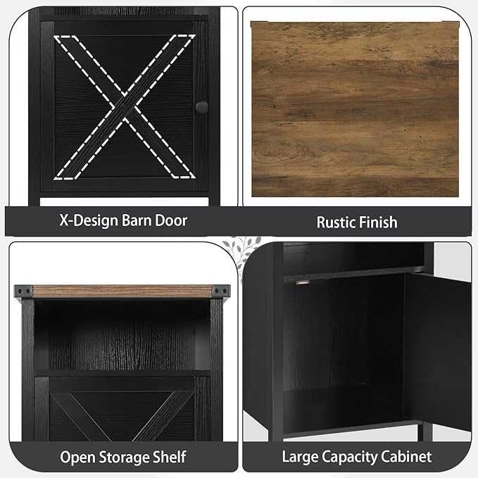 Farmhouse End Table, Nightstand, End Tables with Barn Door and Shelf, Wooden Sofa Side Table, Modern Bed Side Table Rustic Nightstands Set of 2, Bedroom, Living Room, Black
