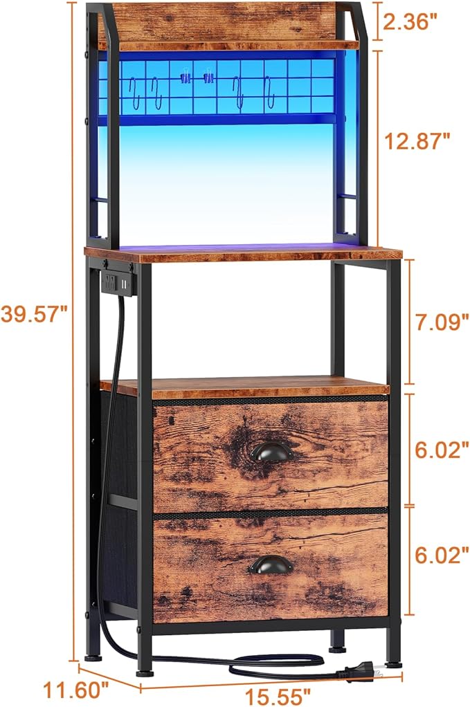 Furologee 40'' Tall Nightstand with Charging Station, Bedside Table with LED Lights, End Table with 2 Drawers and Storage Shelves, Night Stand with Pegboard for Bedroom, Rustic Brown