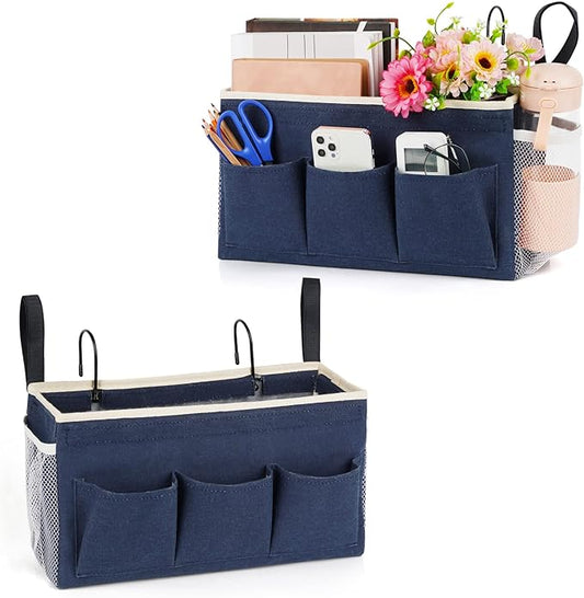 Bedside Caddy Bedside Organizer Bedside Storage Caddy with Fixed Straps and Water Bottle Holder for Home College Dorm Bunk Bed Hospital Bed Crib Bed Rails (2pcs Navy Blue)-NeatNest