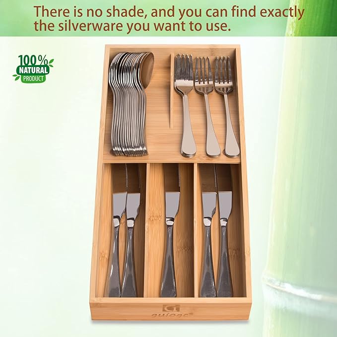 Bamboo Silverware Organizer, Kitchen Silverware Drawer Organizer, Utensil Tray Holder, Cutlery Tray for Spoons, Forks, Knives-NeatNest